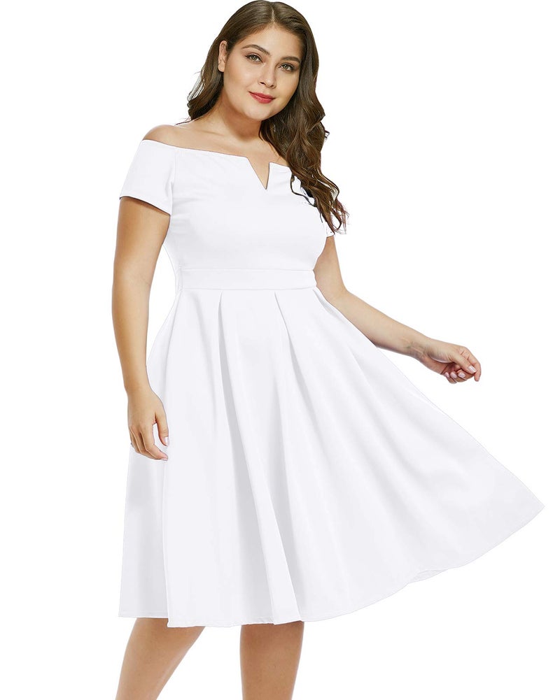 LALAGEN Women's Plus Size Vintage 1950s Party Cocktail Wedding Swing Midi Dress White XXXL - Image 3